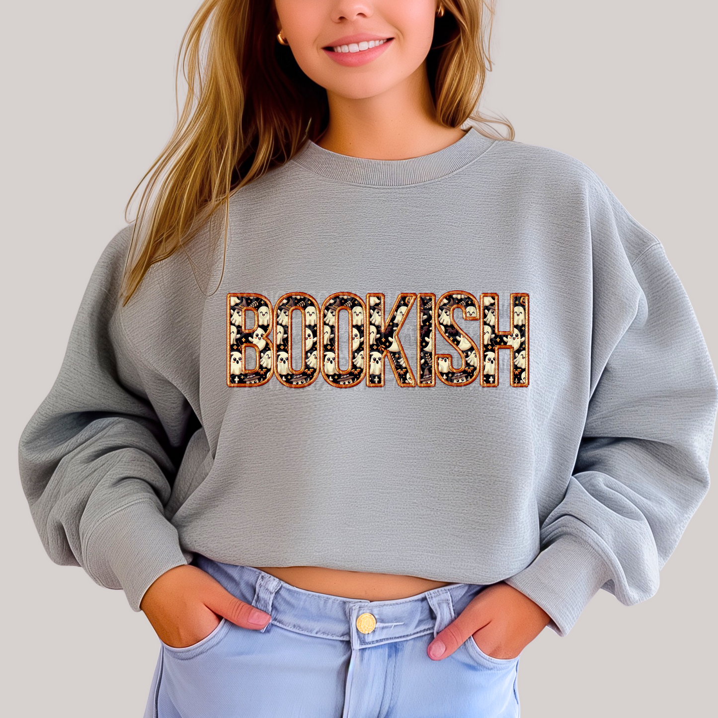 Bookish Crewneck - Faux Embroidery - Ghouls Orange Outline