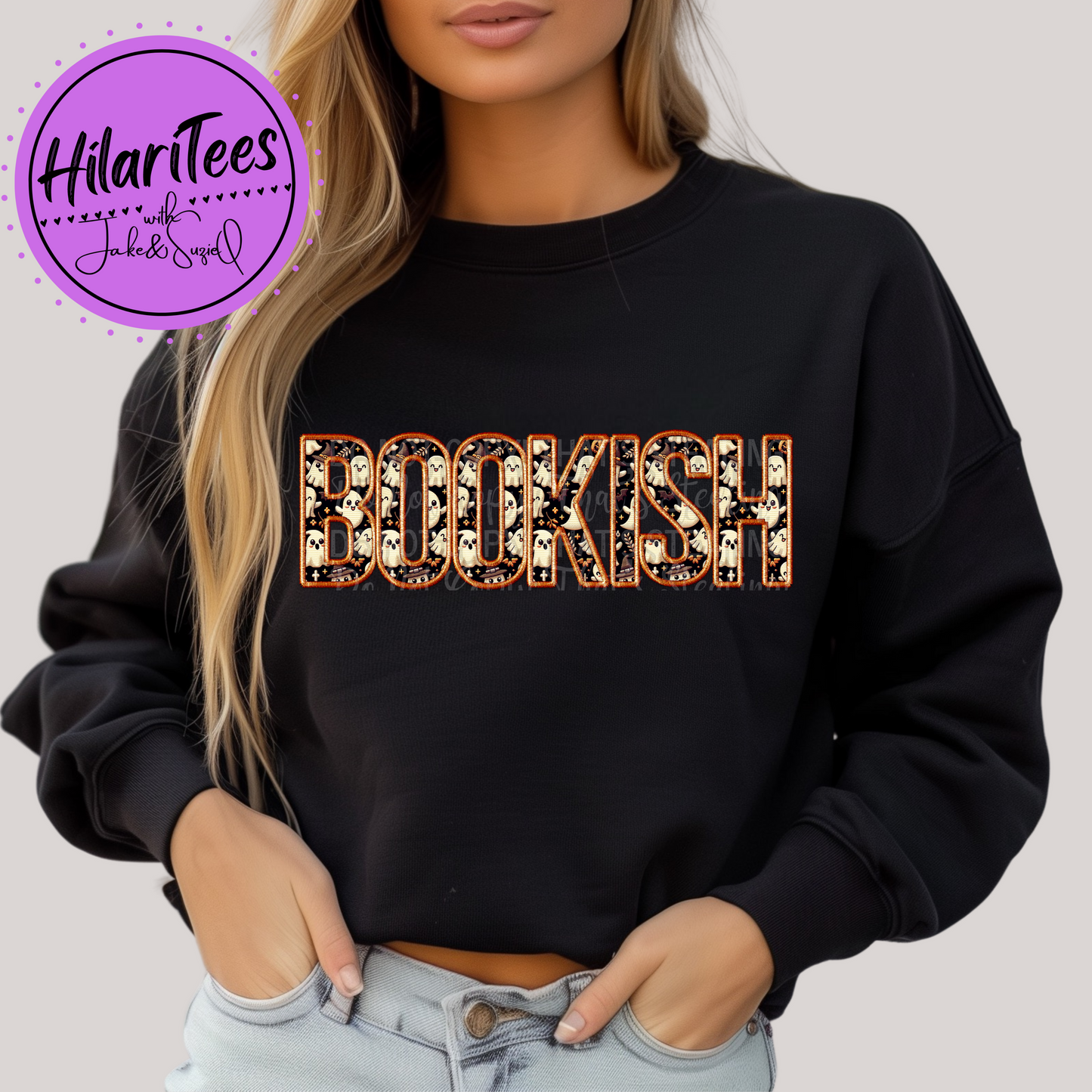 Bookish Crewneck - Faux Embroidery - Ghouls Orange Outline