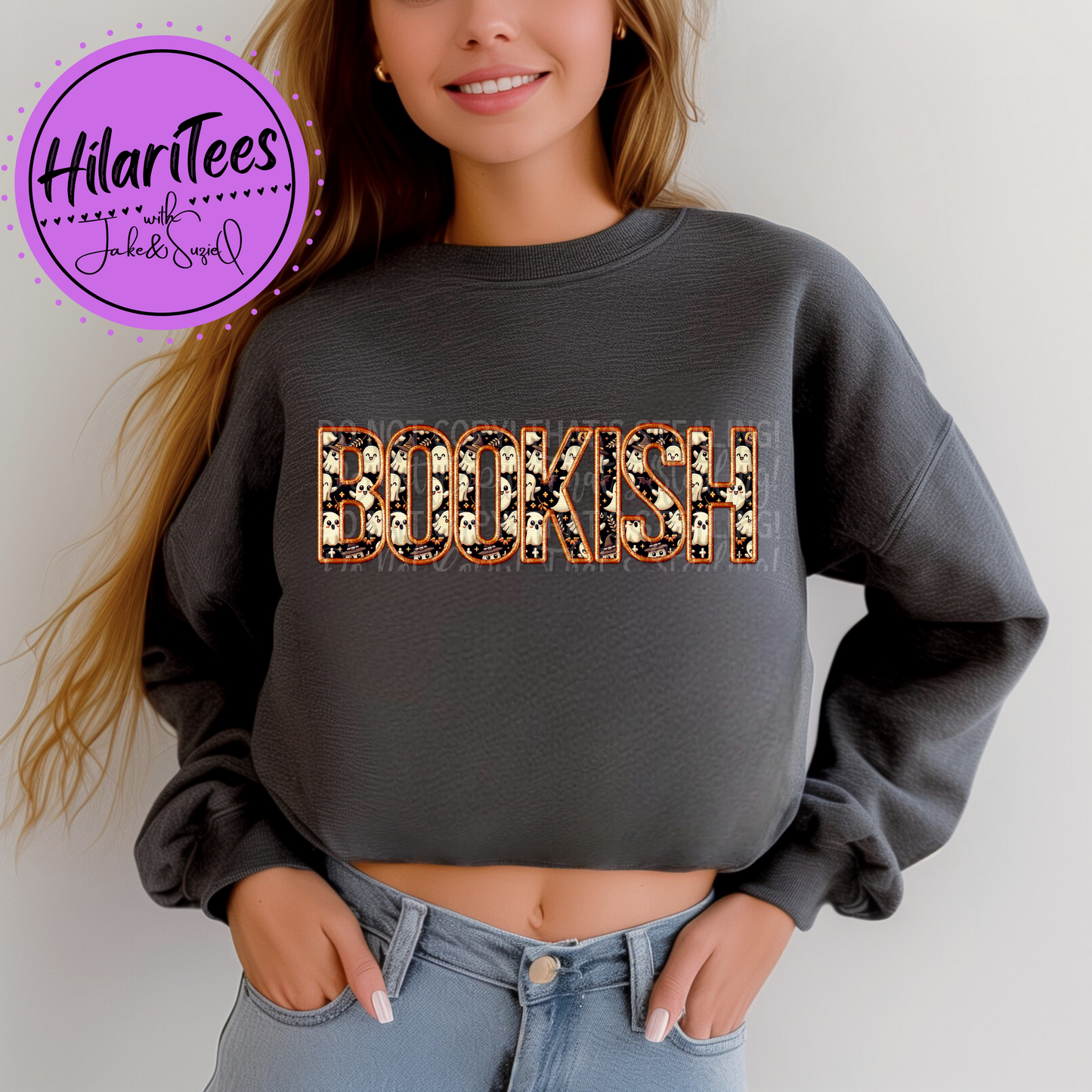 Bookish Crewneck - Faux Embroidery - Ghouls Orange Outline